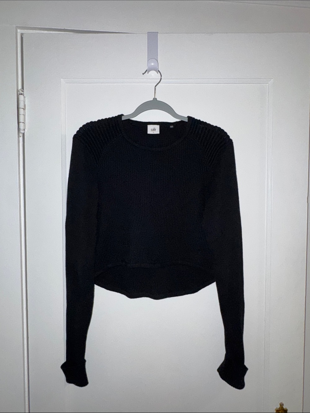 CAbi Black Ribbed Shoulder Knit Cropped Sweater